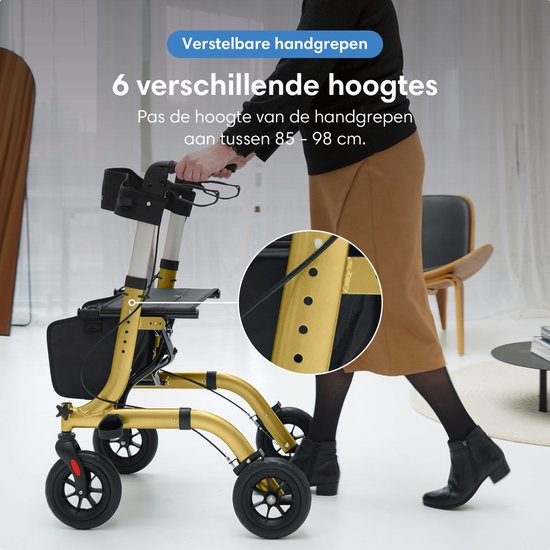 Safe Life® Rollator - Leicht und faltbar - Sitzfunktion - Für drinnen und draußen - Rückenlehne und Gehstockhalter - Gold