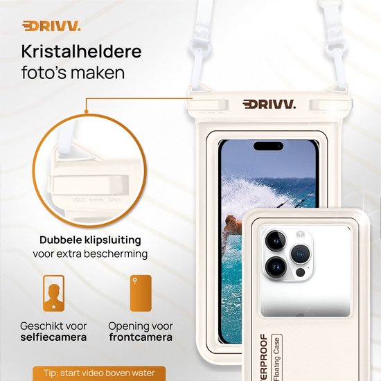 Drivv. Luxuriöse wasserdichte Handyhülle – schwimmfähig – doppelter Clipverschluss – für Handys bis zu 6,8 Zoll – Unterwasser-Handyhülle – Beige
