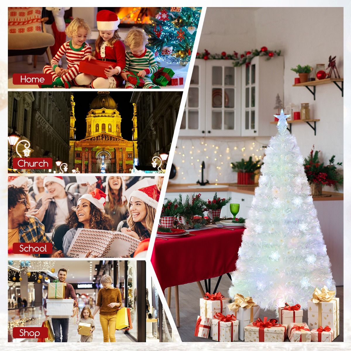 Künstlicher Weihnachtsbaum Coast - 120 cm - Weiß - mit Fiberglas, schillernden Blättern und mehrfarbigen LED-Schneeflockenlichtern