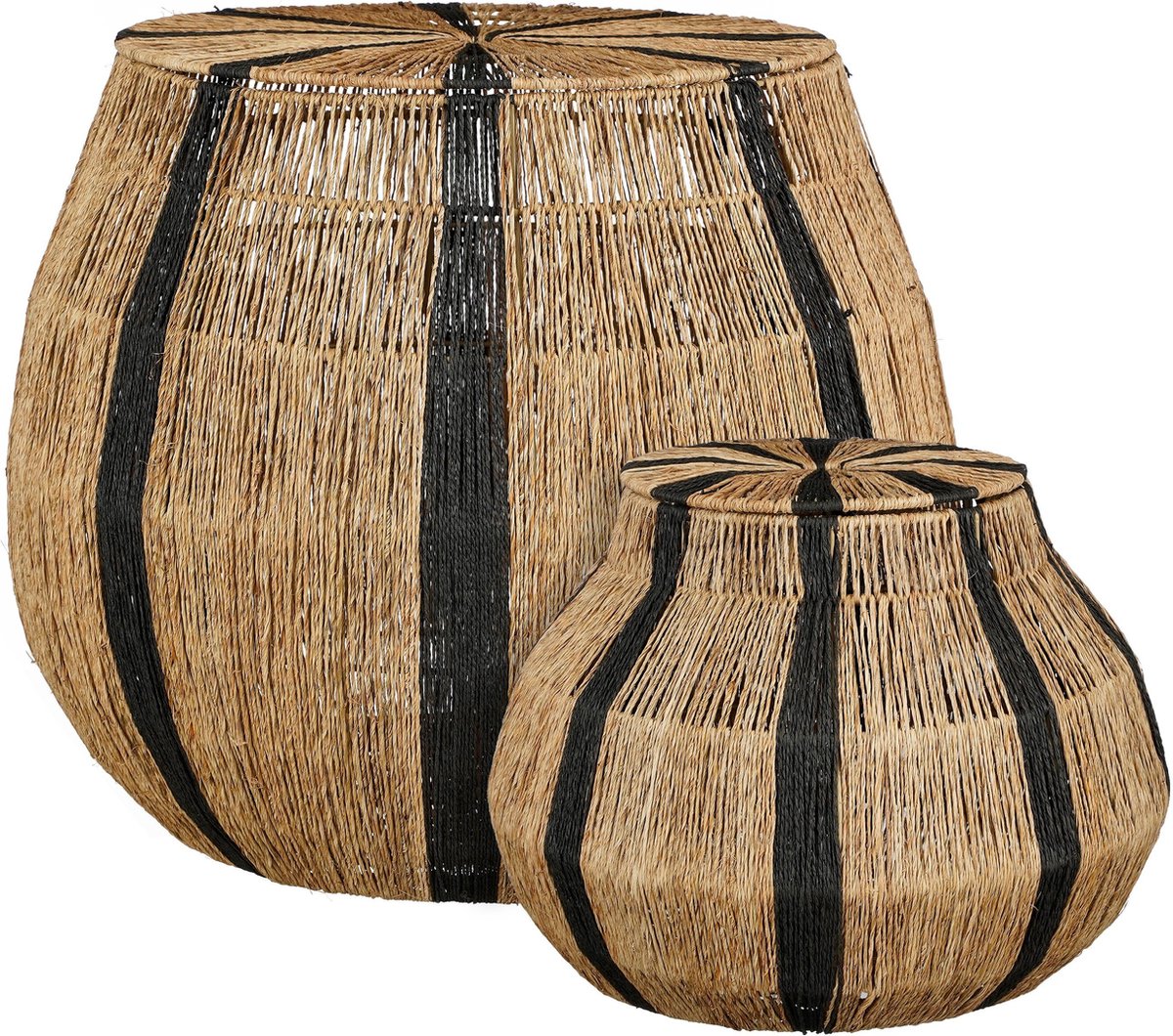 Liliano Korb 2er Set - Ø 50 cm x H 48 cm und Ø 36 cm x H 33 cm - Jute mit schwarzen Streifen - Glimmerdekorationen