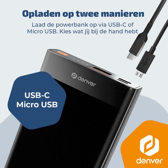 Denver Powerbank – 10.000 mAh – 22,5 W Schnellladung – LED-Anzeige – Notfallpaket – PQC10008