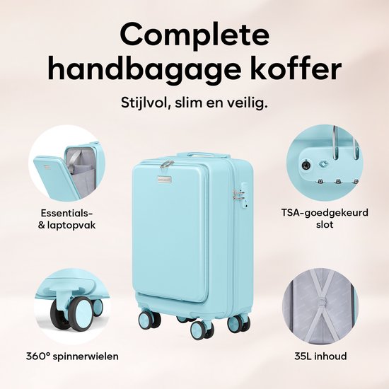 Skycases Handgepäck Koffer 35L - Leichter Trolley - Spinner-Räder - TSA-Schloss und Laptop-Fach - Reisekoffer mit praktischer Fronttasche - 55 cm - Hellblau
