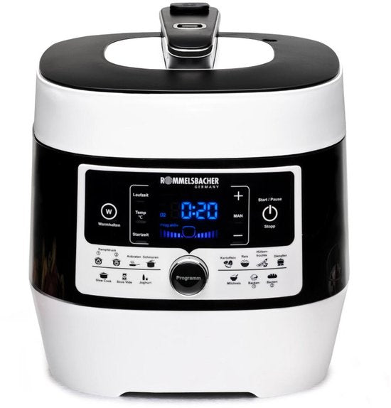 Rommelsbacher Multifunktions-Schnellkochtopf „Mein Hans“ MD 1000 – 14 Programme – Schnellkochen, Reis kochen, Anbraten, Dämpfen, Slow Cooking, Sous-vide, Backen und Braten, Frittieren – 6 Liter
