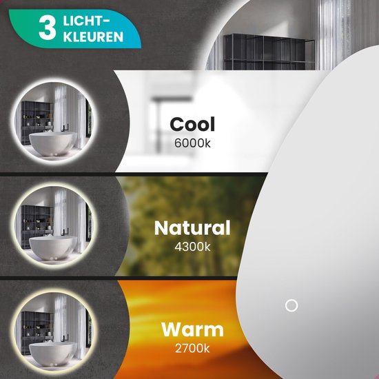 Mirlux Badezimmerspiegel mit LED-Beleuchtung - Asymmetrischer Wandspiegel - Organische Form - Anti-Kondensations-Duschspiegel - Wandspiegel 90x60CM