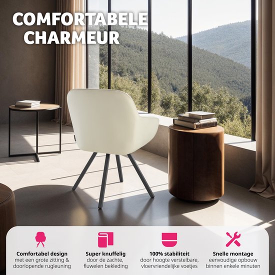 tectake - Esszimmer-Drehstuhl mit Armlehnen - Ergonomischer Schalensessel mit Samtbezug - Gepolstert - Drehstuhl für Wohnzimmer, Esstisch, Arbeitszimmer, Frisiertisch und Küche - Creme