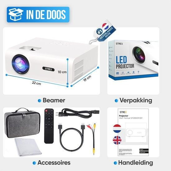 Strex - Beamer - 1080P Full HD - 15000 Lumen - Kabellos - Inklusive Tasche/Projektionsleinwand - WiFi - Bluetooth - Weiß