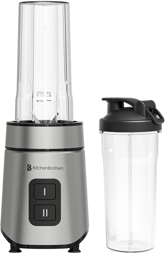 KitchenBrothers Mini Mixer - Mixer zum Mitnehmen - 2 Ständer - Smoothie Maker - 2 To-Go Becher 600 ml - Schwarz