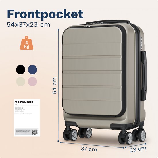 TRVLMORE Reisekoffer – 54 x 37 x 23 cm – mit Frontfach – 44 l – TSA-Schloss – 4 Rollen – Champagner