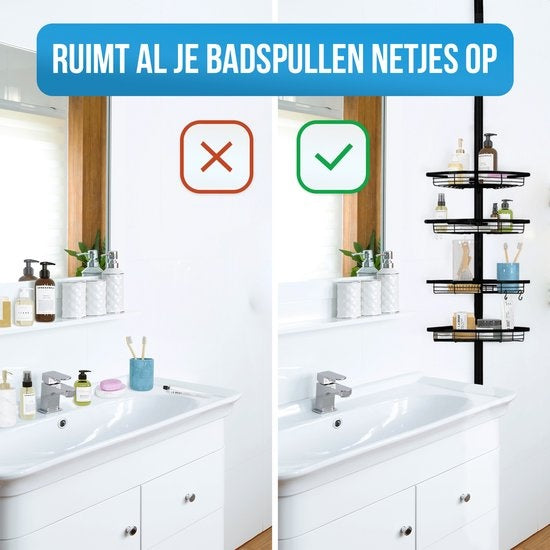 Strex - Eck-Duschablage - Verstellbar 70-275 cm - 4 Körbe - Ohne Bohren oder Schrauben - Schwarz