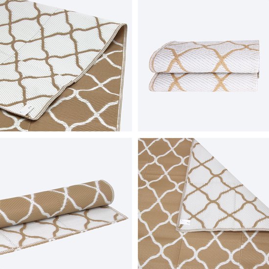 LifeGoods Outdoor-Teppich - 274x350cm - Gartenteppich - beidseitig verwendbar - Inkl. Tragetasche - Mit Muster - Beige/Weiß