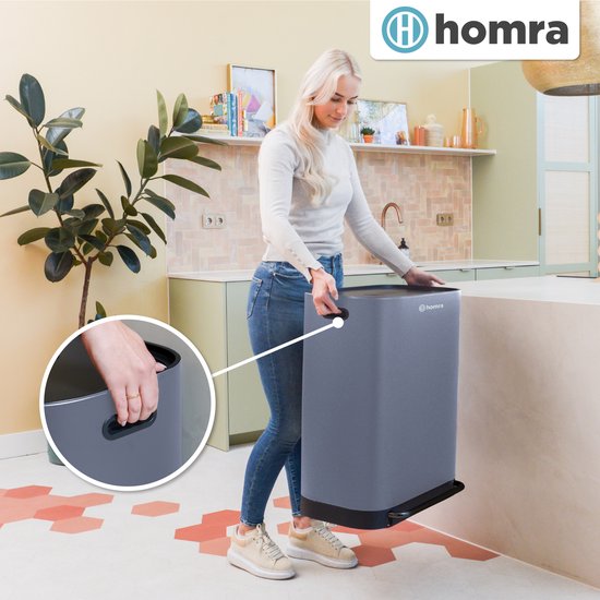 Homra Rockx Pedal Mülleimer 60 Liter - Duo Mülleimer 2X30L mit Geruchsfilter - Edelstahl Mülltrennung Mülleimer 2 Fächer - Recycling Mülleimer - Mülleimer Küchenabfalltrennung - Abfalleimer - Doppelmülleimer Grau