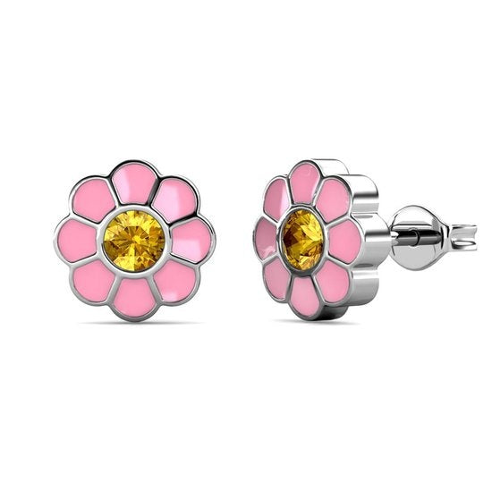 Yolora Kids Pink Floral Earrings - Kalpa Camaka Crystals - 18K Weißgold vergoldet - Kind - Mädchen Ohrstecker Farbe Silber - Schmuck Kinder - Luxus Geschenkbox - Geschenkbox - Geschenkverpackung - Schöne Geschenkverpackung