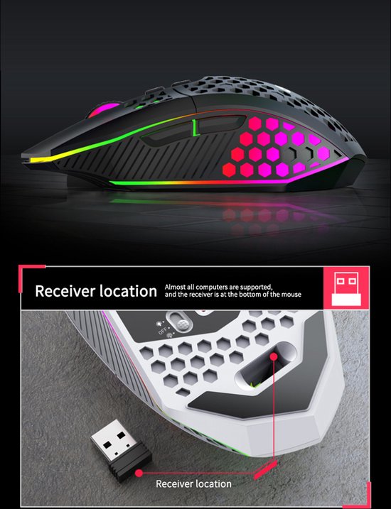 HXSJ T500 - Kabellose Gaming-Maus - Ultraleicht - RGB-Beleuchtung - Hellweiß