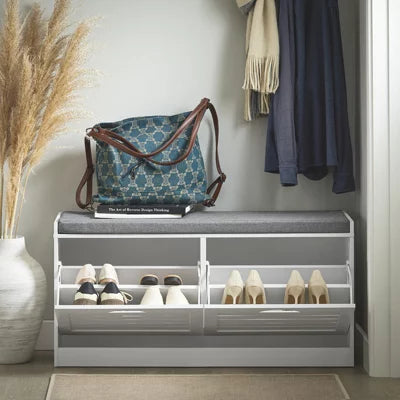 SoBuy Schuhschrank mit Sitzkissen – 2 Klappen – 94 x 30 x 47 cm – Weiß