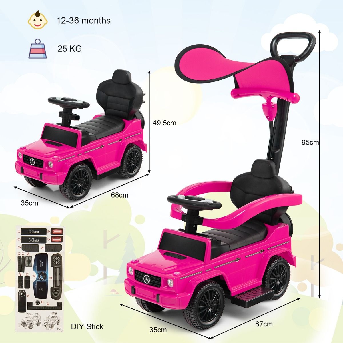 Coast Mercedes-Benz Laufwagen für Kinder – 3-in-1-Kinderwagen und Rollator – verstellbares Sonnendach – rosa