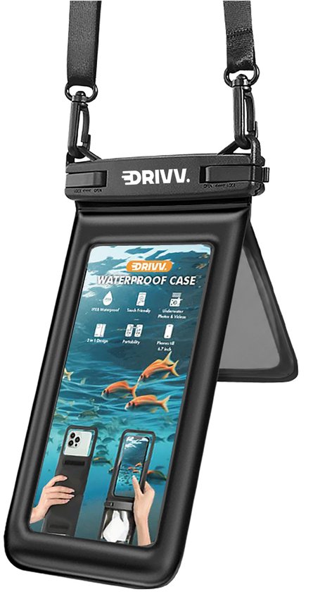 Drivv Luxe wasserdichte 2-in-1-Handyhülle – schwimmfähig – mit doppeltem Clipverschluss – für Handys bis zu 7 Zoll – schwarz