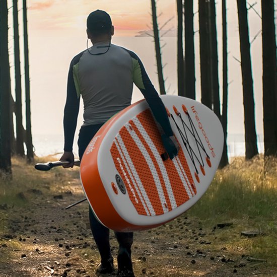 LifeGoods PaddlePro SUP Board - mit Sitz - Aufblasbares Paddle Board - Komplettset - Max. 135KG - 320x81cm - Weiß/Orange