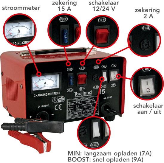 Toolland Batterieladegerät 12/24 V, mit Booster/Starthilfe 9 A, mit thermischem Ãœberlastungsschutz, Amperemeter - Metallgehäuse, rot