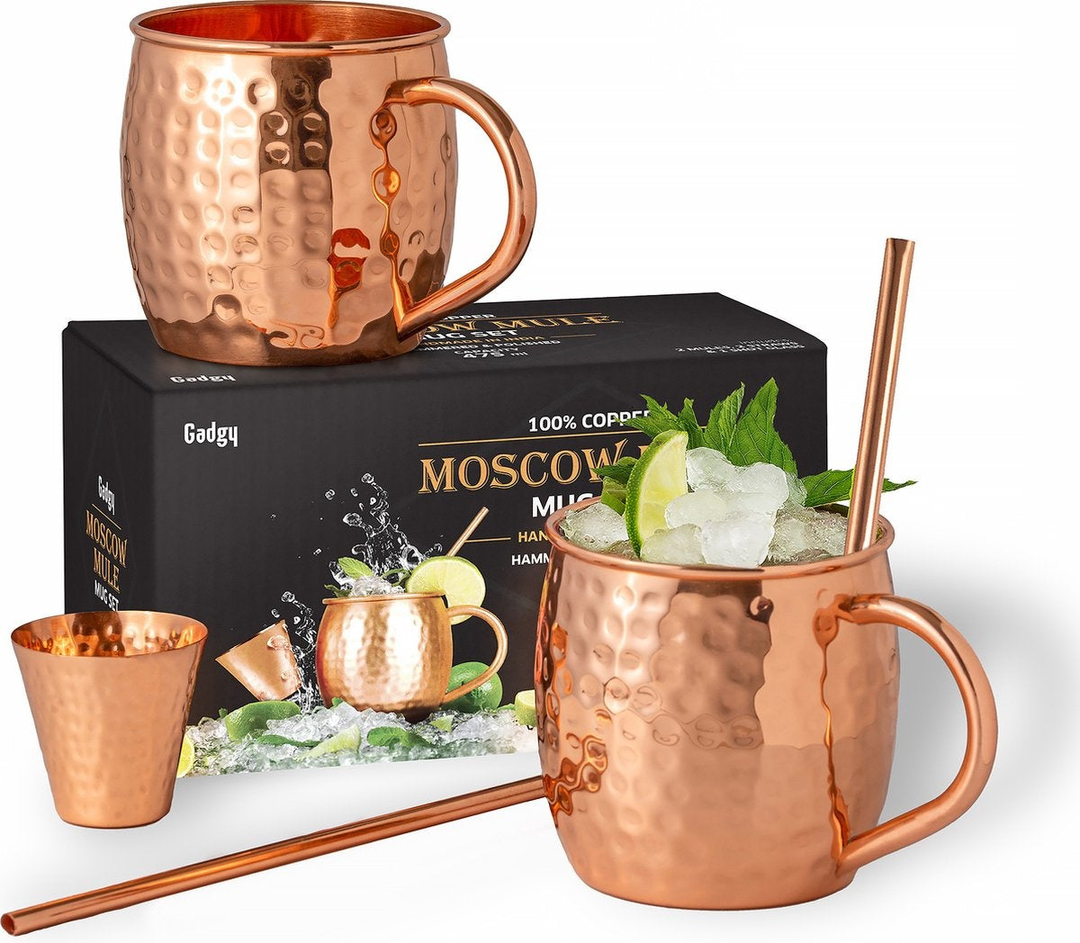 Gadgy Moscow Mule Cups Set - 100% Kupfer - Cocktail-Set : 2 Cocktailgläser, 2 Strohhalme & 1 Bar-Maß