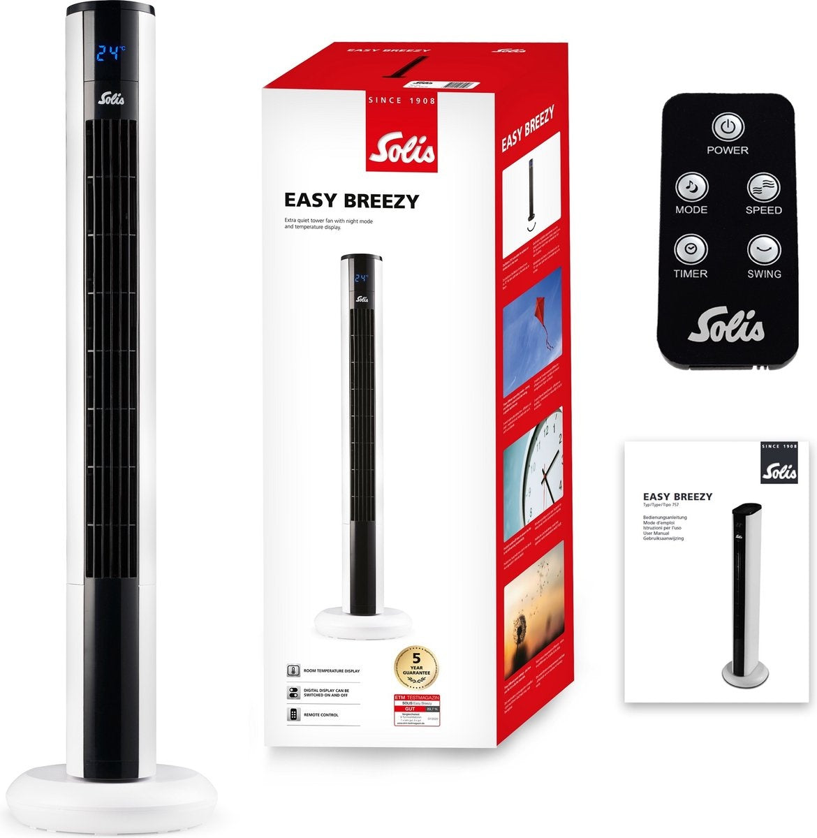 Solis Easy Breezy 757 Turmventilator - Ferngesteuerter Standventilator - Timerfunktion - 44,8 dB - 91 cm hoch - Weiß