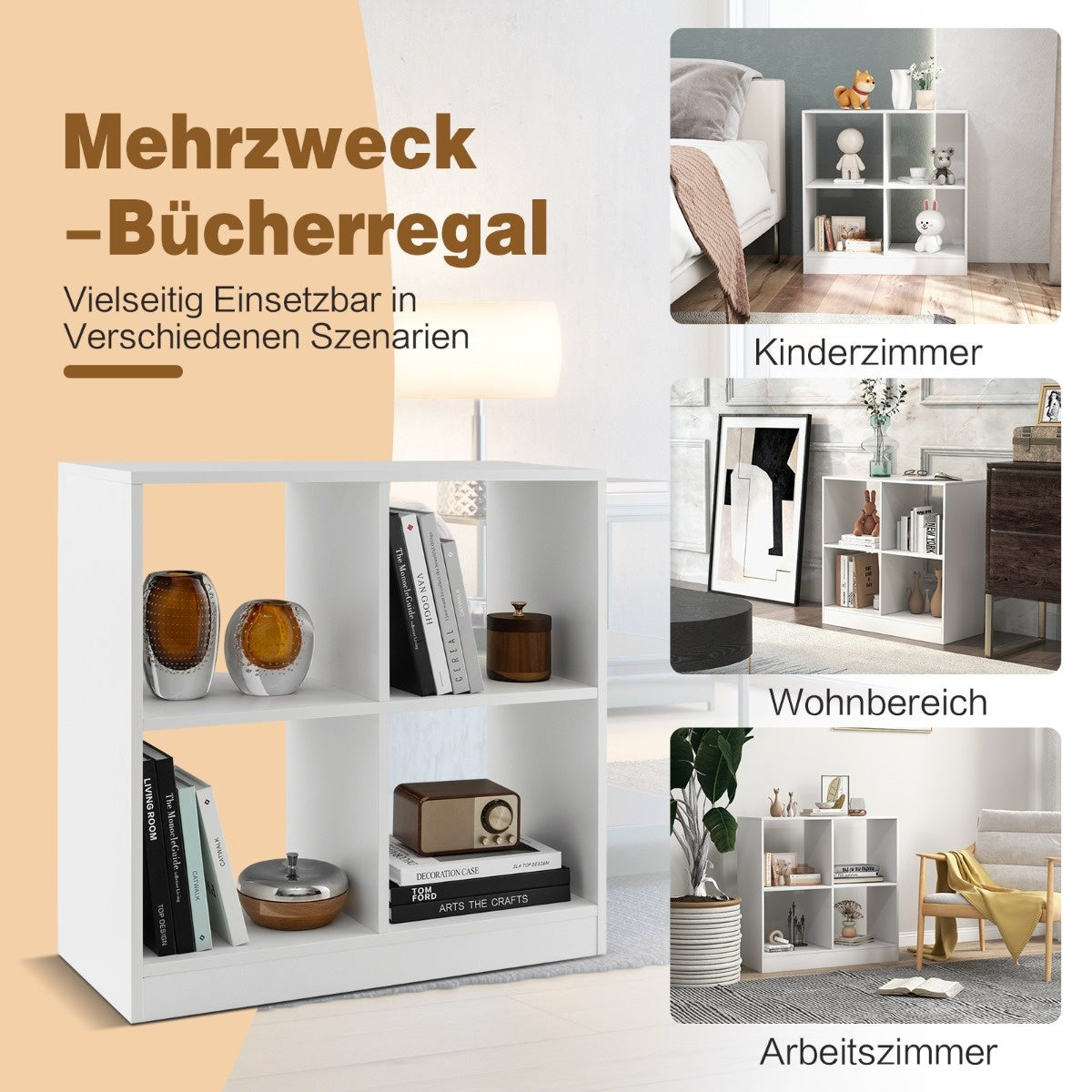 Coast Bücherregal aus Holz mit 4 Fächern Cube Plank & Kippschutz 73 x 33 x 73 cm weiß