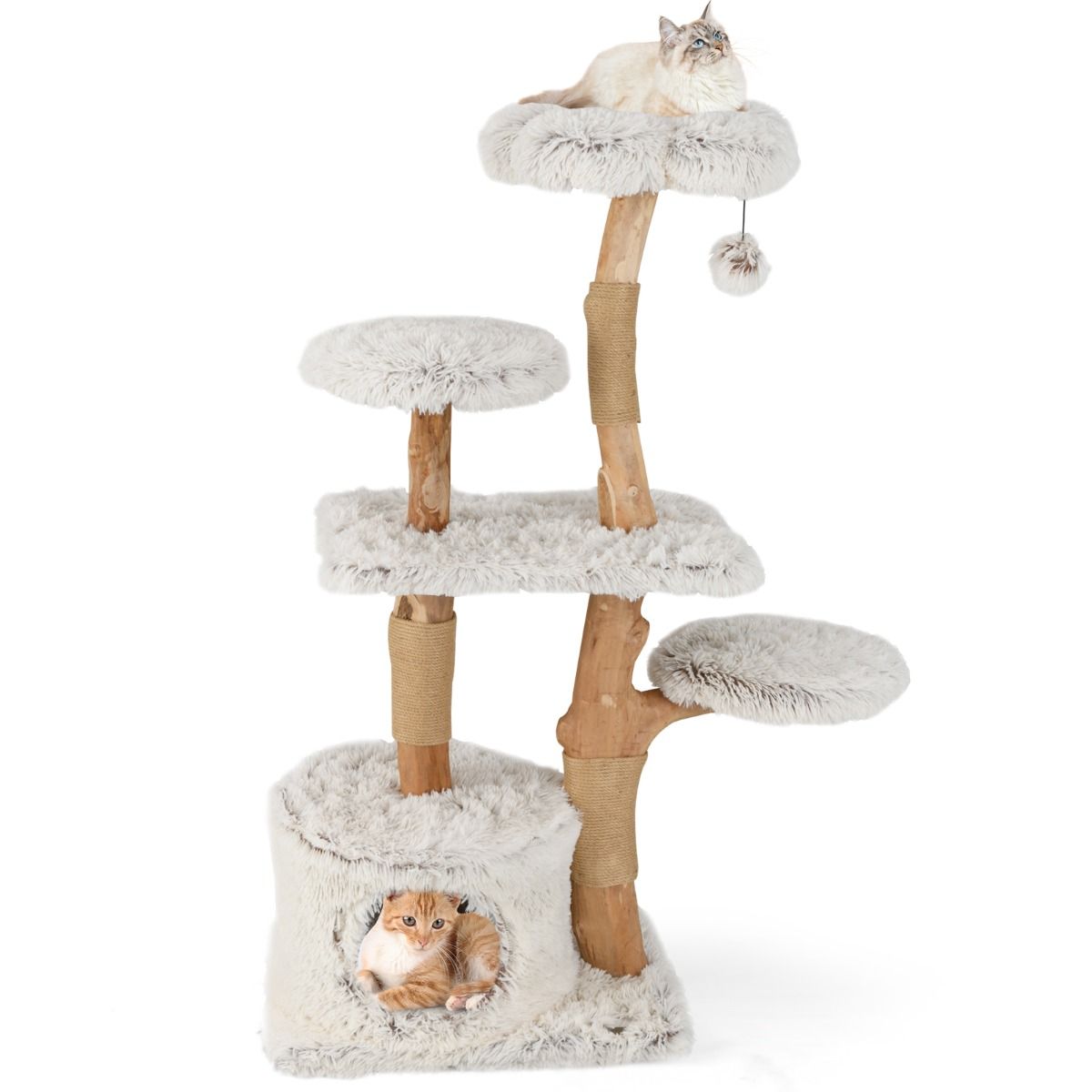 Coast Kratzbaum 135 cm aus massivem Birnenholz – Kratzstangen aus Jute – Sitzstange aus Plüsch – Weiß/Natur
