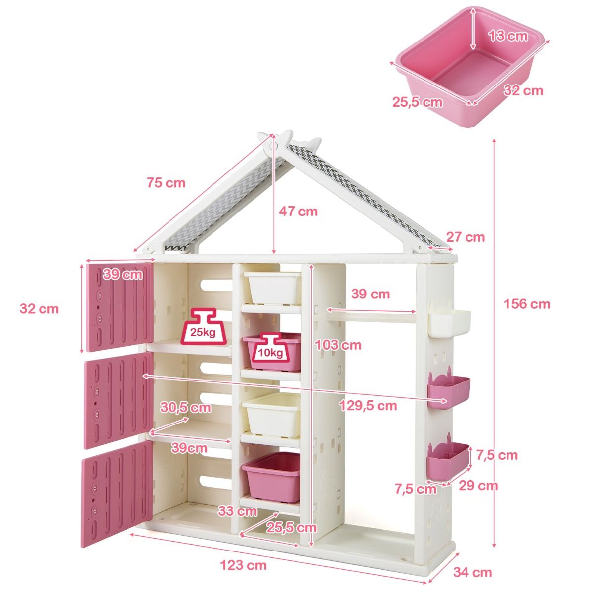Coast House-förmiges Kinder-Bücherregal mit Garderobe - Kinderzimmer-Spielzeugschrank mit Seitenkörben, 4 Aufbewahrungsboxen und verstellbaren Einlegeböden - Rosa/Weiß - 130×34×156,5 cm