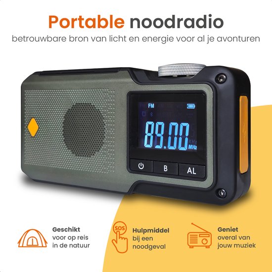 Goliving Emergency Radio - 17 x 9 x 4 cm - Tragbares Radio - Powerbank Solar aufrollbar - Taschenlampe aufladbar - Digitaler Wecker - Bluetooth - 10000 mAH - 80 dB - Schwarz
