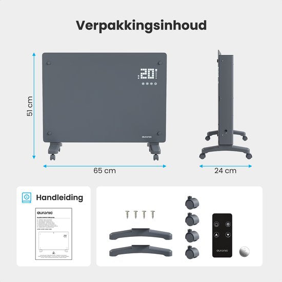 Auronic Elektroheizung - Konvektorheizung mit Thermostat und Fernbedienung - Glasheizkörper - 1500W Heizleistung - Grau