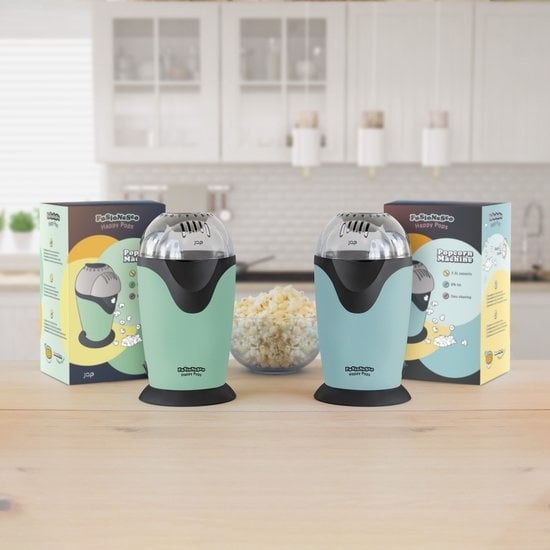 JAP Appliances Happy Pops - Retro-Popcornmaschine (2-3 Personen) 1200W - Inklusive Mess- und Butterschmelzlöffel - Fertig in 3 Minuten - Ã–lfrei - Blau