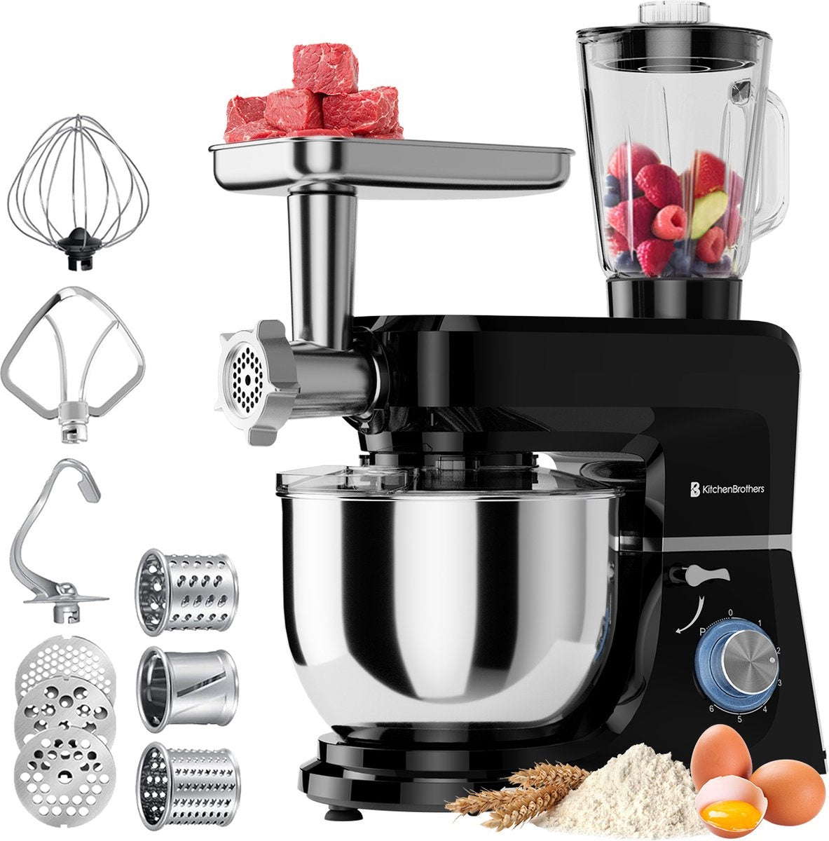 KitchenBrothers Küchenmaschine - Komplettset - 15 Zubehörteile - Küchenroboter - 6L - 1500W - Schwarz