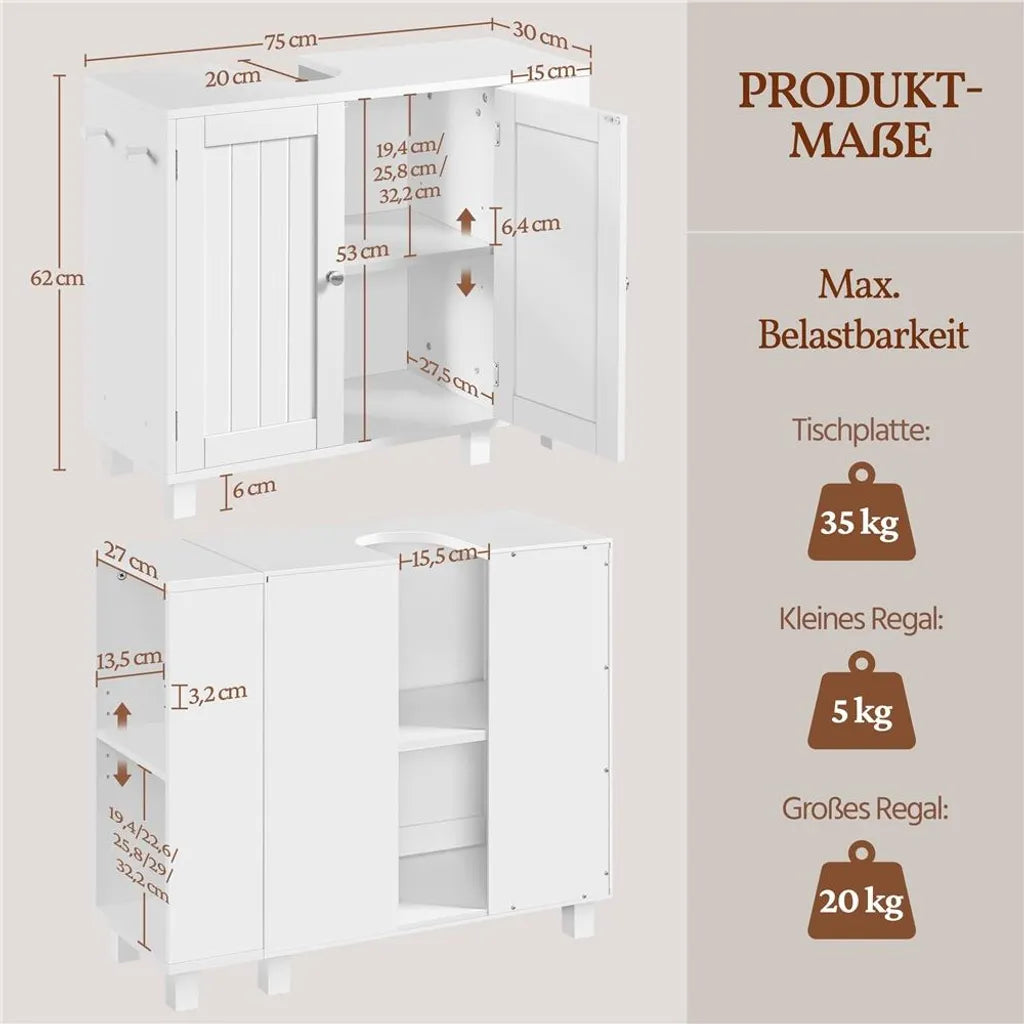 Yaheetech Waschbeckenunterschrank 75 x 30 x 62 cm – Weiß – Mit 4 Fächern, offenen Regalböden und Handtuchhalter
