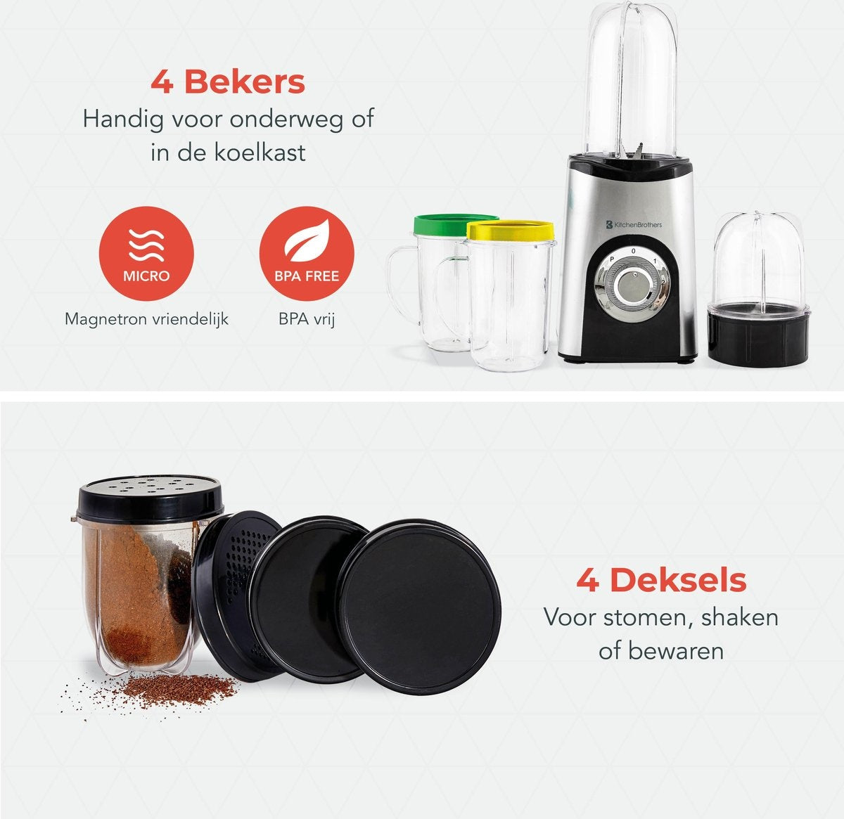 KitchenBrothers Smoothie Mixer - 13-teiliges Set - 4 Becher - Smoothie Maker To Go - 350W - Edelstahl