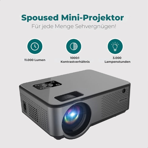Spoused - Mini-Beamer - Full-HD - 11.000 Lumen - Streaming von Ihrem Telefon mit WiFi - Schwarz