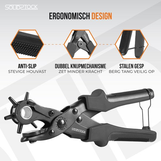SolidStock Professionelle Lochzange für Gürtel – inklusive Messlatte – Lochzange – Revolverzange – Schwarz