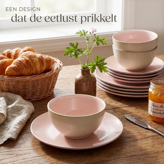 tectake® Geschirrset Mare – 24-teilig – Steingut mit glänzender Glasur - Für 6 Personen - Handgefertigtes Geschirr - Modernes Geschirrset mit großen und kleinen Tellern, Schüsseln und Schälchen - Spülmaschinen- und mikrowellengeeignet - Rosa