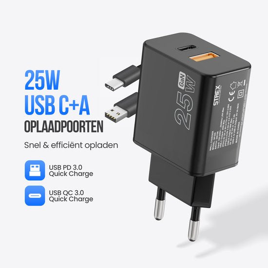 Strex USB-C & USB-A Schnellladegerät 25W - GaN-Ladegerät mit PD 3.0 & QC 3.0 - inkl. USB-C Kabel - Schwarz