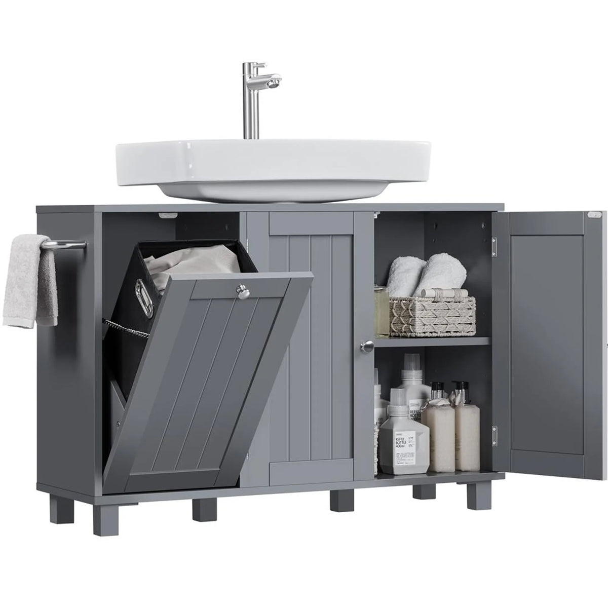 Yaheetech Waschbeckenunterschrank mit U-förmiger Aussparung und Wäschekorb 90 x 30 x 62,5 cm – Dunkelgrau – MDF und Metall