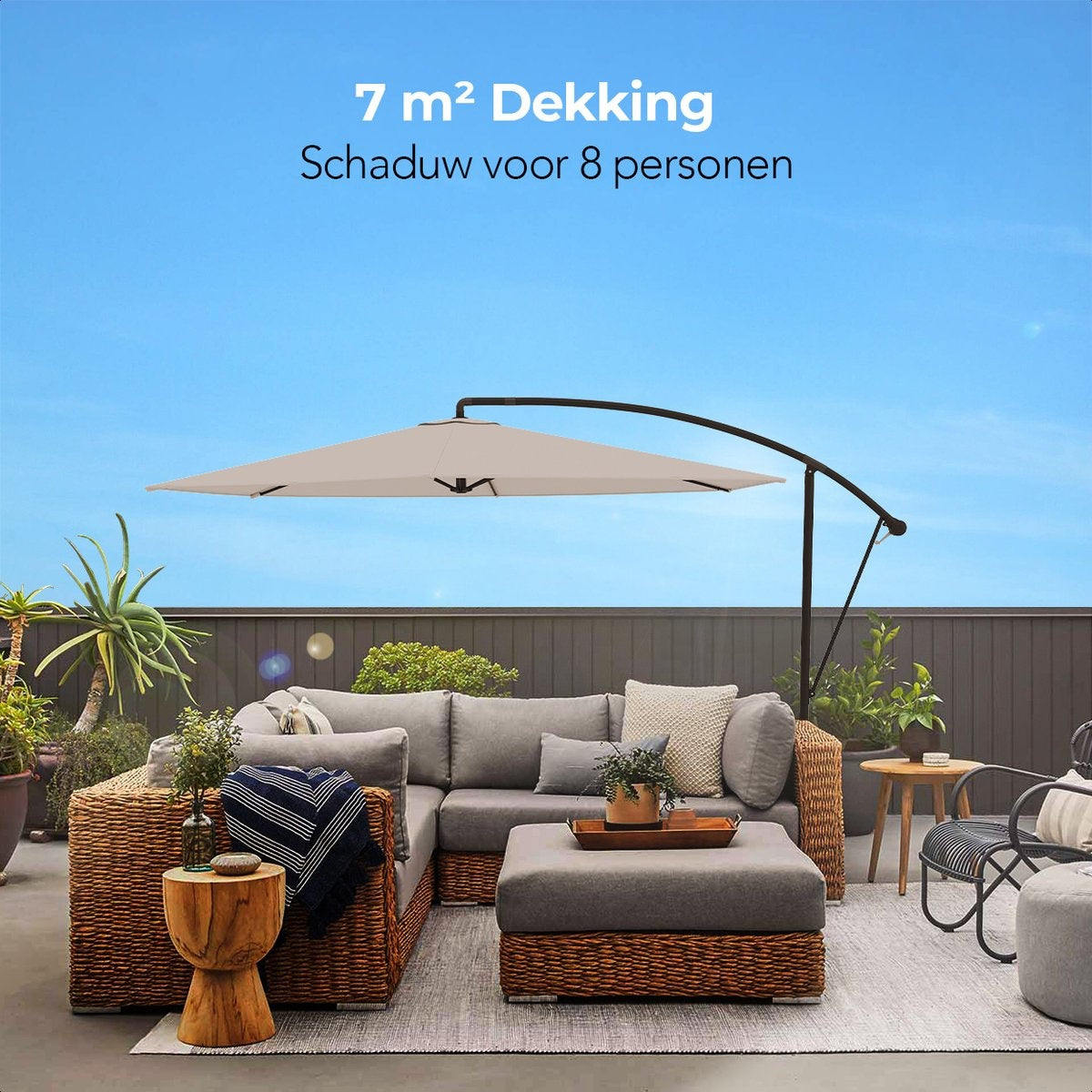 LifeGoods Schwebender Sonnenschirm - bis zu 8 Personen - Ã˜300cm - Wasserdicht - mit Abdeckung und Kreuzfuß - Garten oder Strand - Creme