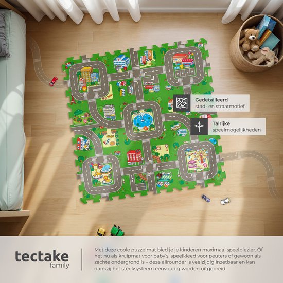 tectake® - Spielmatte - Schaumstoffspielmatte - Spielmatte Baby - Stadt und Straßen - 90 x 90 cm - 9-teilige Puzzlematte - Rutschfest - Geräuschabsorbierend und feuchtigkeitsbeständig