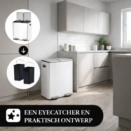 Bayt Mülleimer - Mülleimer 60 Liter (2x30) - Mülleimer 60 Liter - Treteimer 60 Liter - Mülleimer Mülltrennung - Mülleimer 2 Fächer - Mülleimer - Edelstahl - Weiß