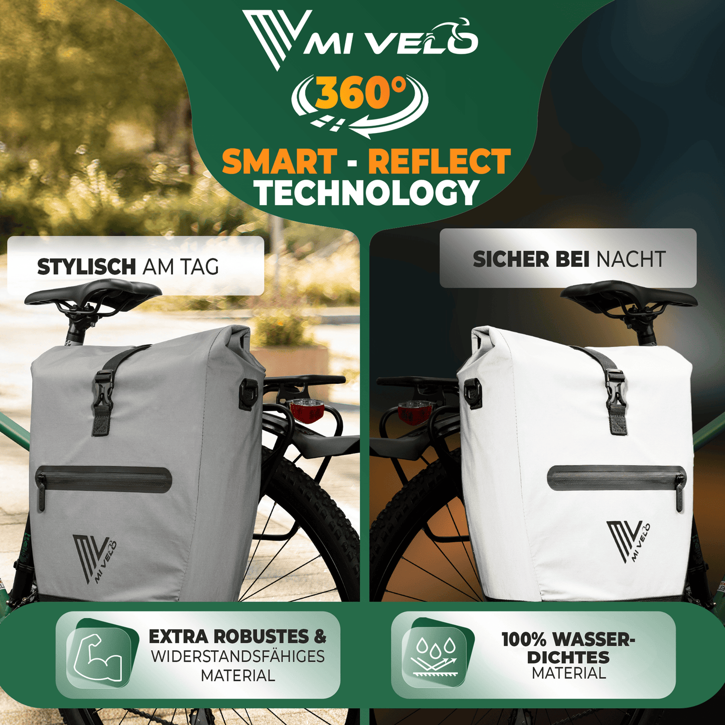 Mivelo 2-in-1 Packtasche für Gepäckträger Capax 25L - Wasserdicht - 58 x 24/32 x 16 cm - Voll reflektierend