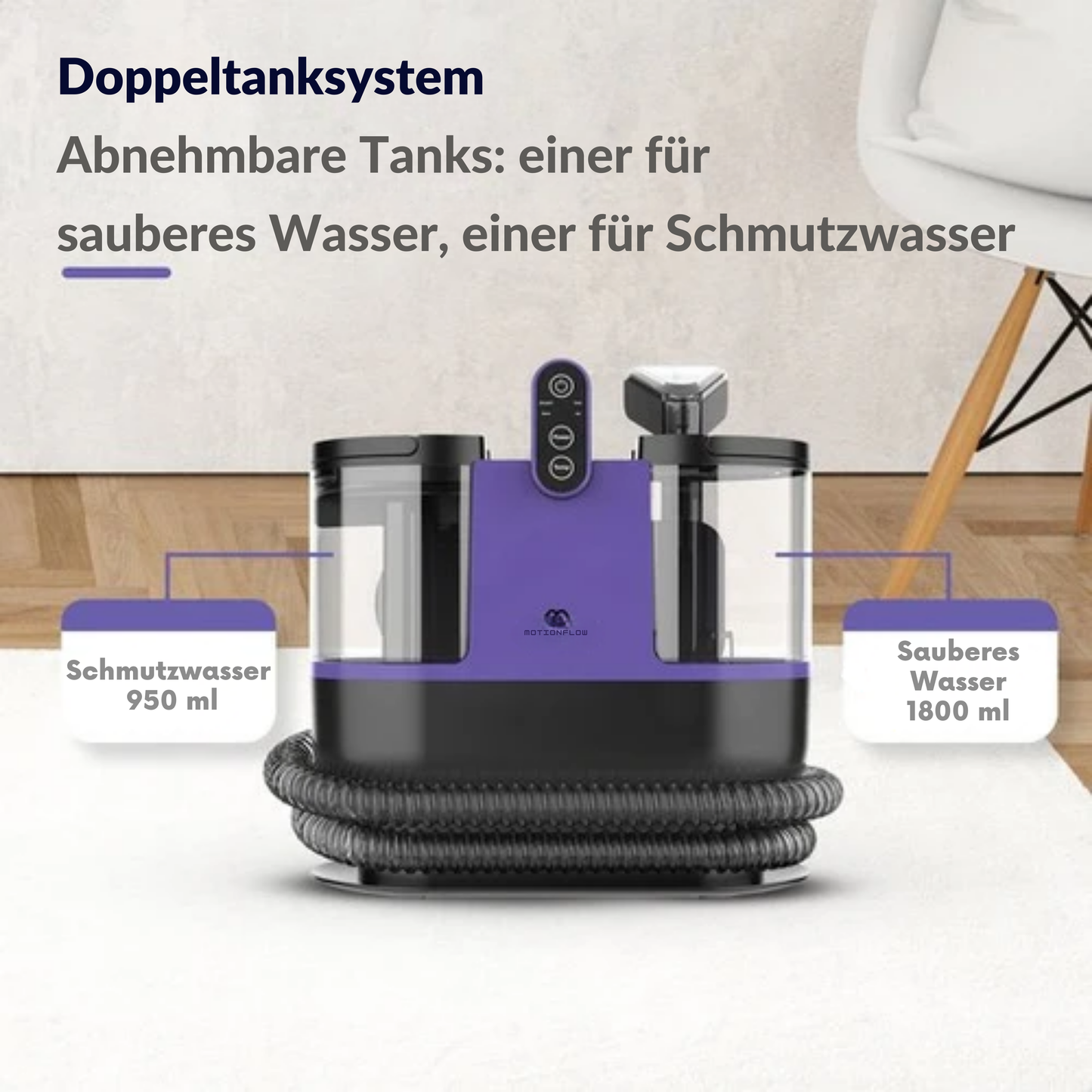 Motionflow 4-in-1 Teppichreiniger - 1800 ml Wassertank - Heizfunktion - Selbstreinigend - 40 x 28 x 38 cm - Lila