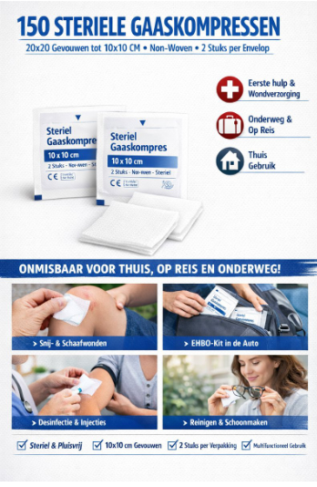 Texpol Sterile Mullkompressen 150 Stück – Weiß – 20 x 20 cm – Vlies, 2 Stück pro Umschlag