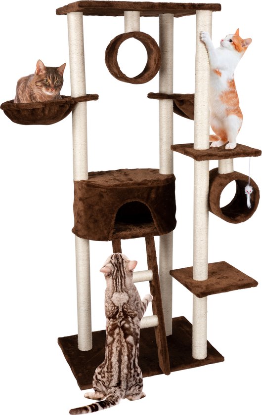 maxxpro Cat Post - Katzenspielzeug - 165 CM - Katzenpfosten - mit Katzenhaus und Katzentunnel - für große und kleine Katzen - Sisal - Braun