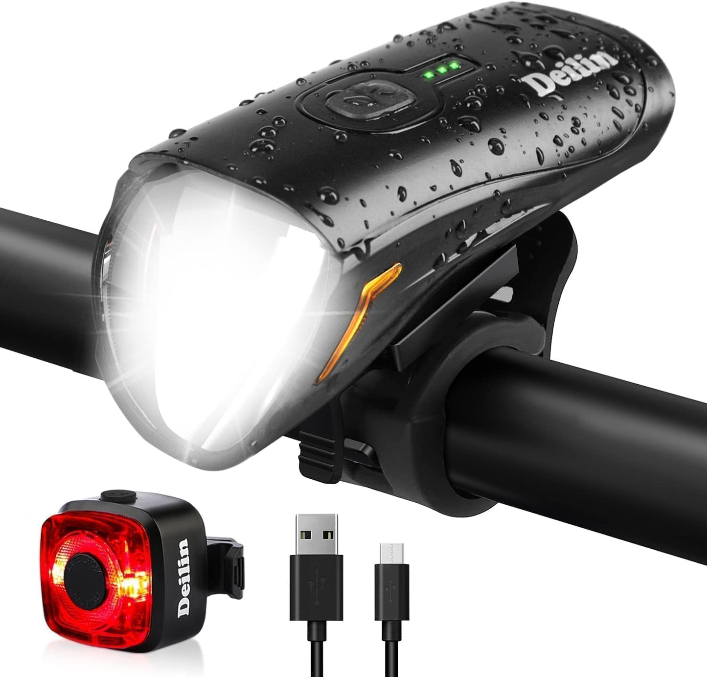 Deilin Fahrradbeleuchtungsset Premium – Mit intelligenter Helligkeitsregelung, Akkustandsanzeige und IPX5-wasserdichtem Gehäuse – Zur Montage am Lenker und für mehr Sicherheit im Straßenverkehr – Schwarzes Polycarbonat – 100 Lux