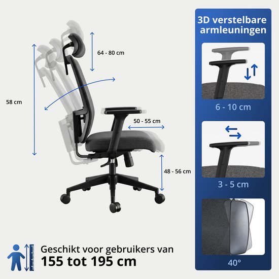 Backerz Ergonomischer Bürostuhl – Bürostühle für Erwachsene bis 160 kg – Stoff-Bürostuhl – NEN-EN1335