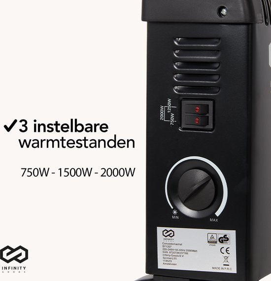 Infinity Goods Elektrische Convector Kachel - 750 / 1500 / 2000W - Verstelbare Thermostaat - Radiatorkachel - Oververhittingsbeveiliging - 35mÂ² - Zwart