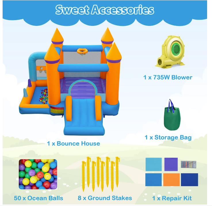 Coast - Aufblasbare Hüpfburg - 5-in-1, Rutsche, Ballpool, inkl. Ventilator - 337 x 325 x 265 cm - Oxford/PVC - Mehrfarbig