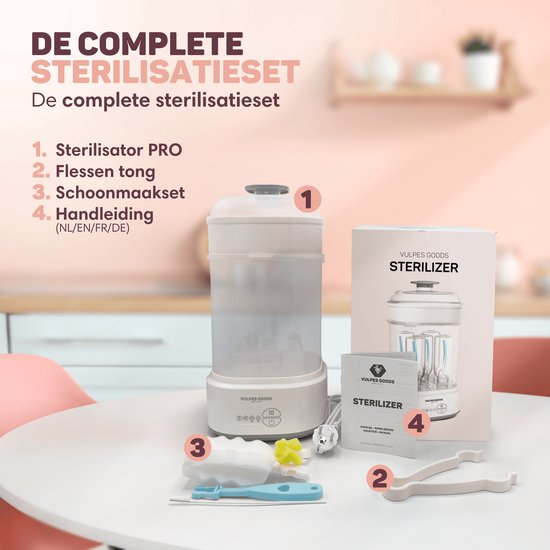 Vulpes Goods® Flaschen-Sterilisator - 5-in-1 Funktion - Mit Trocknungsfunktion & Warmhaltefunktion - Für Babyflaschen & Milchpumpen - BPA-frei - Kunststoff & Weiß